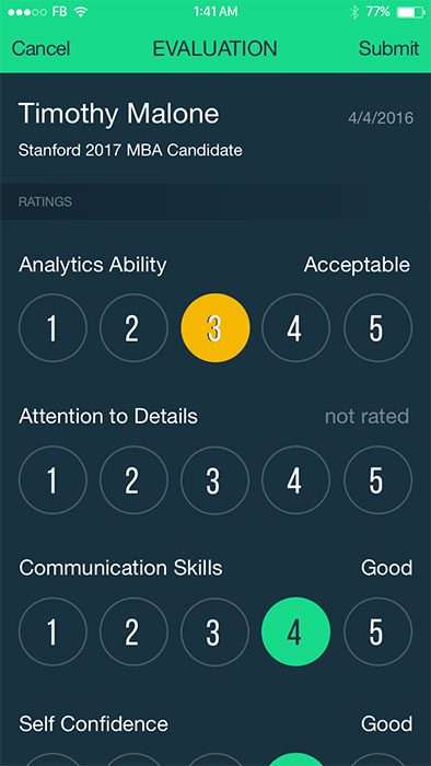 evaluation screen of interview management app