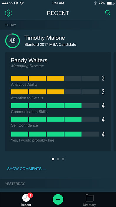 recent interview screen of interview management app