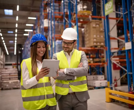 Employees of logistics company checking software to manage inventory