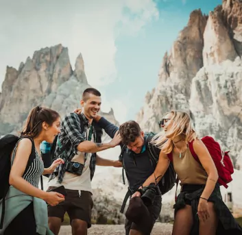 Four friends having fun while traveling